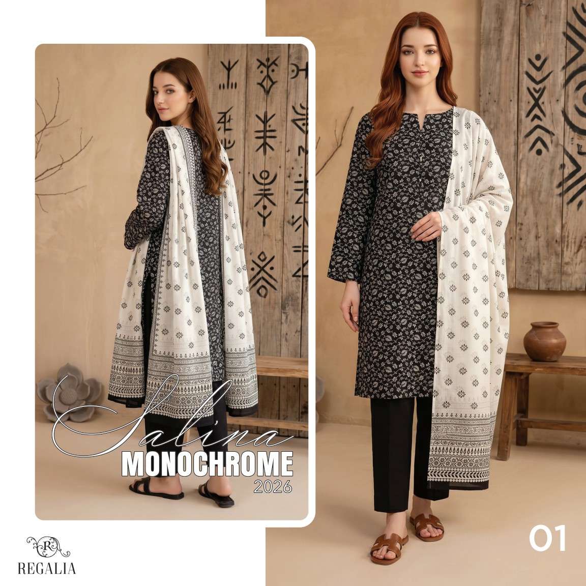 SALINA MONOCHROME BLACK & WHITE PRINTED LAWN COLLECTION 2026 MODEL PIC BY REGALIA TEXTILES